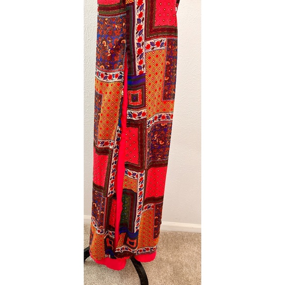 Global Desi Multicolor Patch Print V-Neck Maxi Dress w/ Side Split, S - Picture 10 of 11